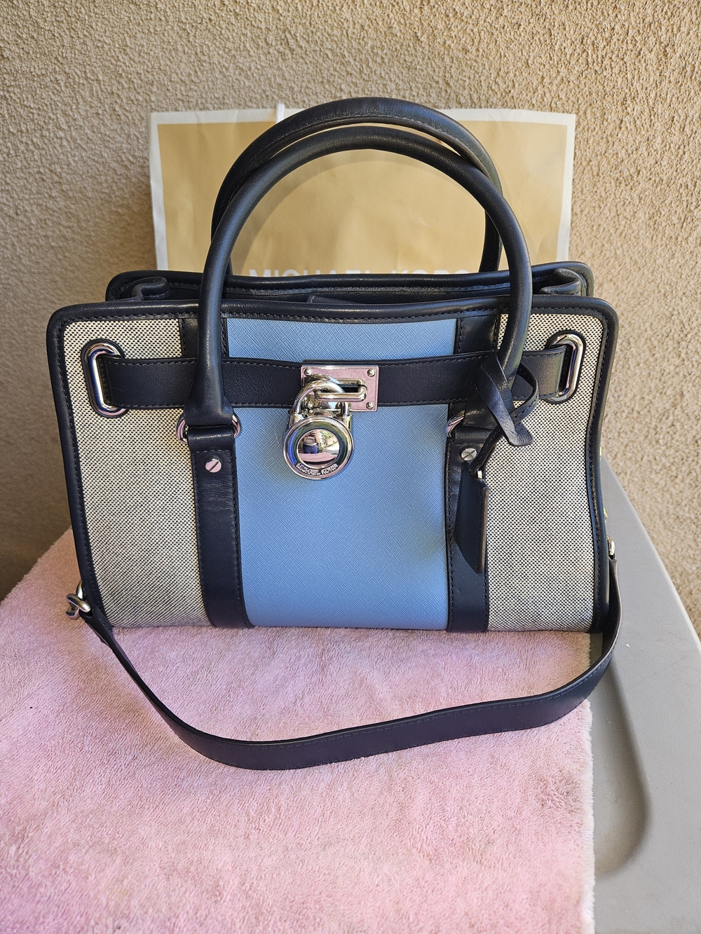 Michael Kors Blue and Black Leather-Trim Satchel